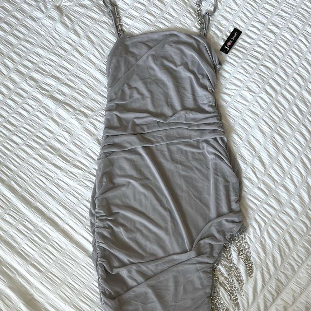 Woman’s party dress color Gray w/rhinestone straps size L *SHOES NOT INCLUDED